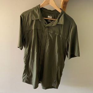 REI forest green short sleeve hiking shirt